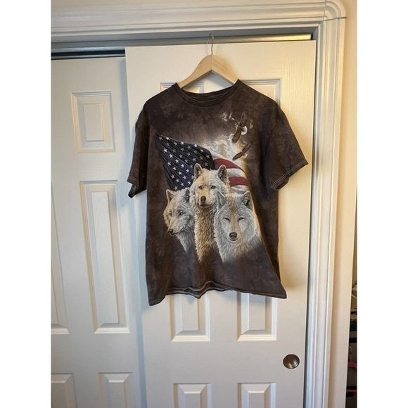 Vintage The Mountain Mens Animal Print Wolf Eagle Graphic tShirt L Granola - Picture 4 of 4